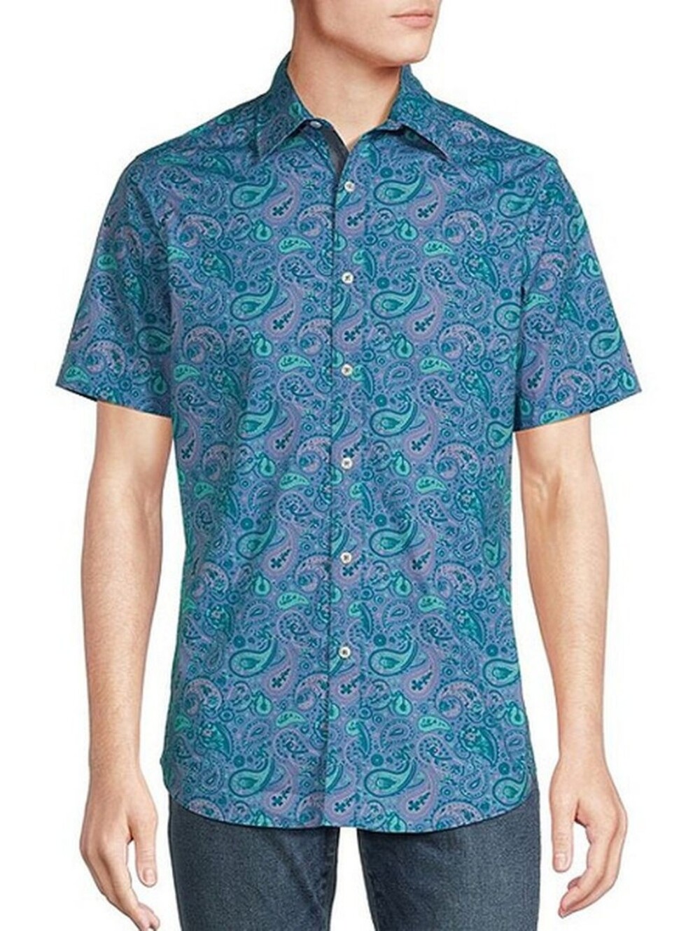NWT Cremiuex Premium Denim Paisley Short Sleeve Woven Shirt, Blue XL-Tall